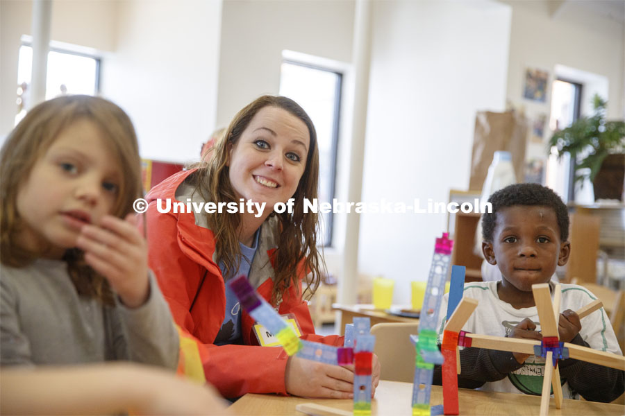 Monica Meyer, senior in Inclusive Child Youth and Family Studies, works with children at the Malone Center. Ruth Staples Child Development Lab student teachers and children work with children at the Malone Center. February 28, 2019. Photo by Craig Chandler / University Communication.