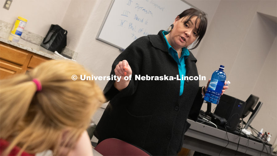 Colette Yellow Robe teaches an interpersonal skills and leadership class through the Department of Agricultural Leadership, Education and Communication at the University of Nebraska-Lincoln. Colette is the assistant Director for Non-Cognitive Learning/ Leadership. Mac Carney (student) is in the foreground. March 5, 2019, Photo by Gregory Nathan / University Communication.