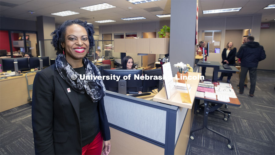 CortneyJo Sandidge, Director of Husker Hub, in their new location. Husker Hub is a new "one-stop" office offering integrated services from the offices of Scholarships and Financial Aid, University Registrar, Bursar and Student Accounts. Husker Hub is where students go to handle the business of being a Husker. March 8, 2019. Photo by Craig Chandler / University Communication.