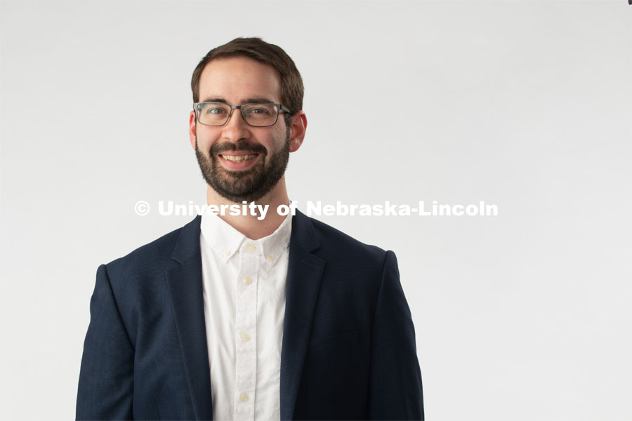 Studio portrait of Michael Hanus, Assistant Professor of Advertising and Public Relations. March 14, 2019. Photo by Greg Nathan, University Communication.