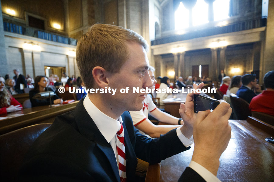Jackson Grass, ASUN Government Liaison Co-Chair, takes a photo during NU Advocacy Day at the Nebraska Legislature. March 27, 2019. Photo by Craig Chandler / University Communication.