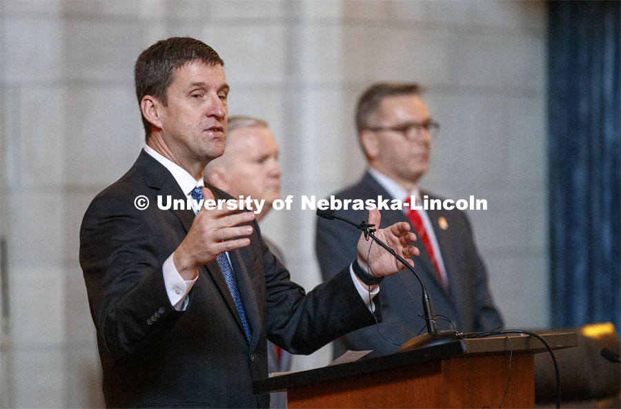 President Hank Bounds addresses the group who assembled as part of NU Advocacy Day at the Nebraska Legislature. March 27, 2019. Photo by Craig Chandler / University Communication.