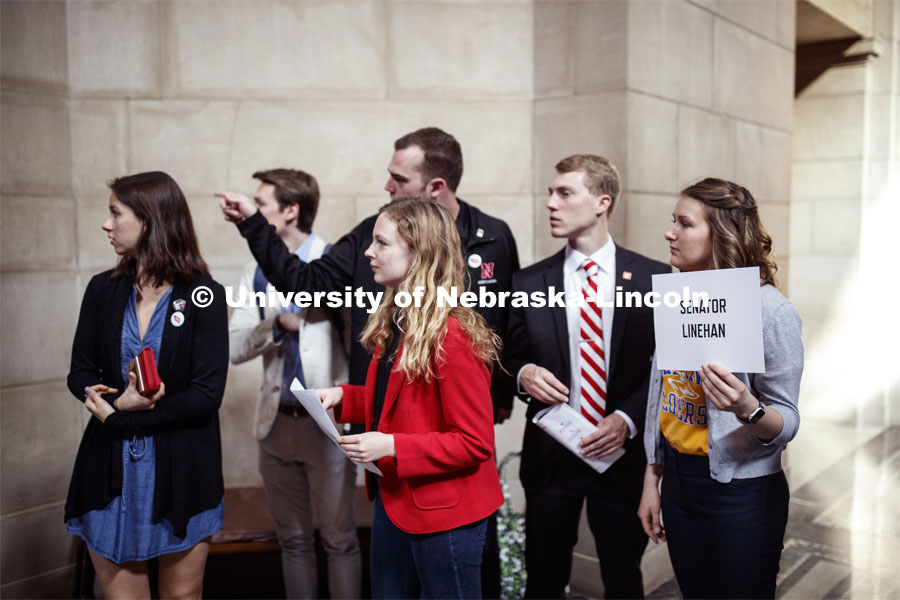 Students watch for their senators to come out to speak with them in the rotunda. NU Advocacy Day at the Nebraska Legislature. March 27, 2019. Photo by Craig Chandler / University Communication.
