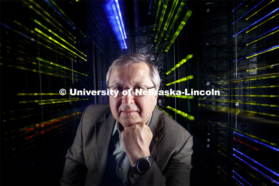Evgeny Tsymbal, George Holmes University Distinguished Professor, Department of Physics and Astronomy, is a 2019 ORCA award winner. He is photographed in the server room of the Holland Computing Center. April 2, 2019. Photo by Craig Chandler / University Communication.