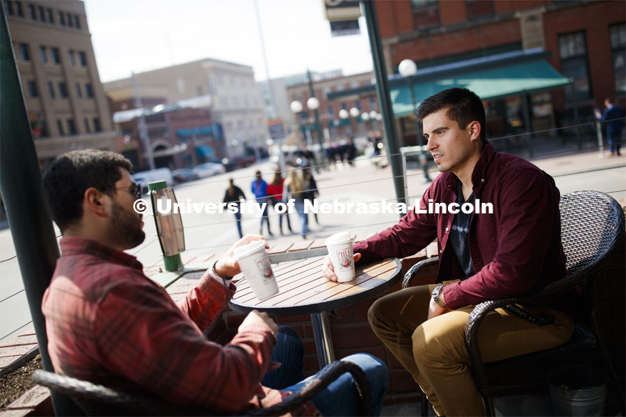 Law students hanging out in The Mill coffee house. College of Law photo shoot in Haymarket. April 4, 2019. Photo by Craig Chandler / University Communication.