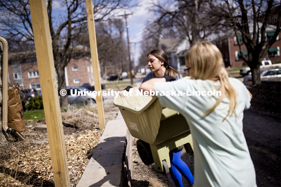 Morgan Novacek and Melissa Bohan lift a wheelbarrow load of mulch into a side bed. They and others from Kappa Alpha Theta did yard work at a couple homes south of downtown. More than 2,500 University of Nebraska–Lincoln students, faculty and staff volunteered for the Big Event on April 6, completing service projects across the community. Now in its 13th year at Nebraska, the Big Event has grown to be the university's single largest student-run community service project. April 6, 2019. Photo by Craig Chandler / University Communication.