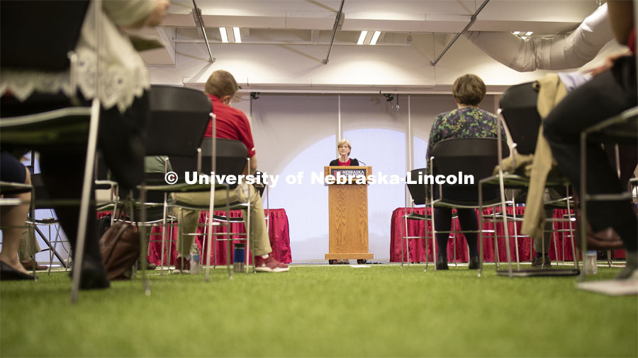 Sue Sheridan, director of Nebraska Center for Research on Children, Youth, Families and Schools addresses the Research Media Day in Nebraska Athletic Performance Lab in east stadium. April 8, 2019. Photo by Craig Chandler / University Communication.