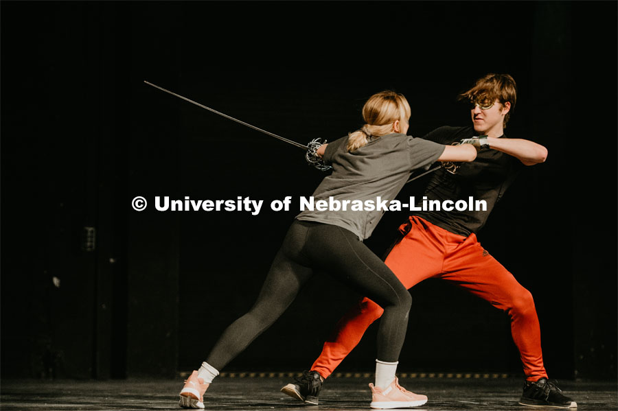 Students take to the stage with a stage combat class, which takes place at the Johnny Carson School of Theater and Film. The class is designed to teach student actors safe and effective depictions of violence for stage and screen. April 8, 2019. Photo by Justin Mohling / University Communication.