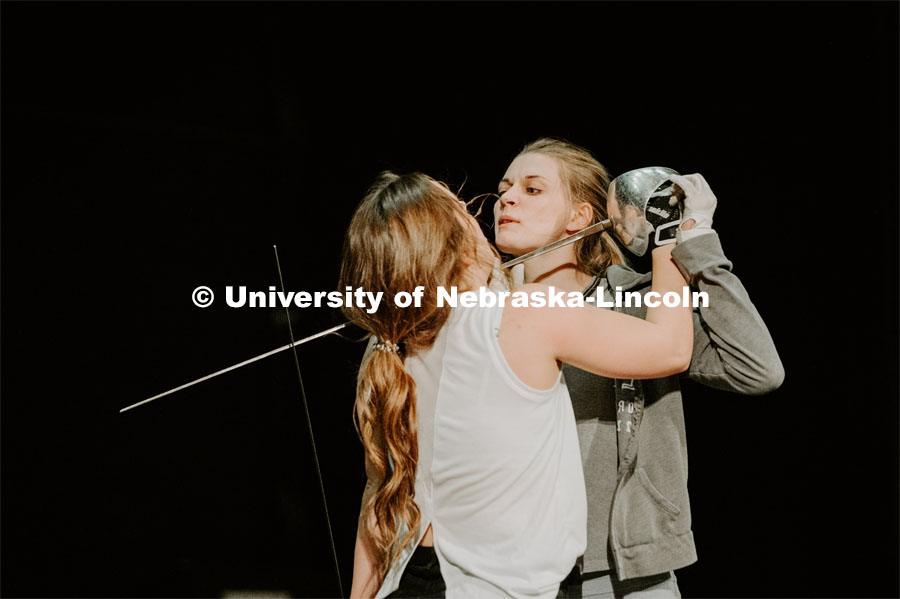 Students take to the stage with a stage combat class, which takes place at the Johnny Carson School of Theater and Film. The class is designed to teach student actors safe and effective depictions of violence for stage and screen. April 8, 2019. Photo by Justin Mohling / University Communication.