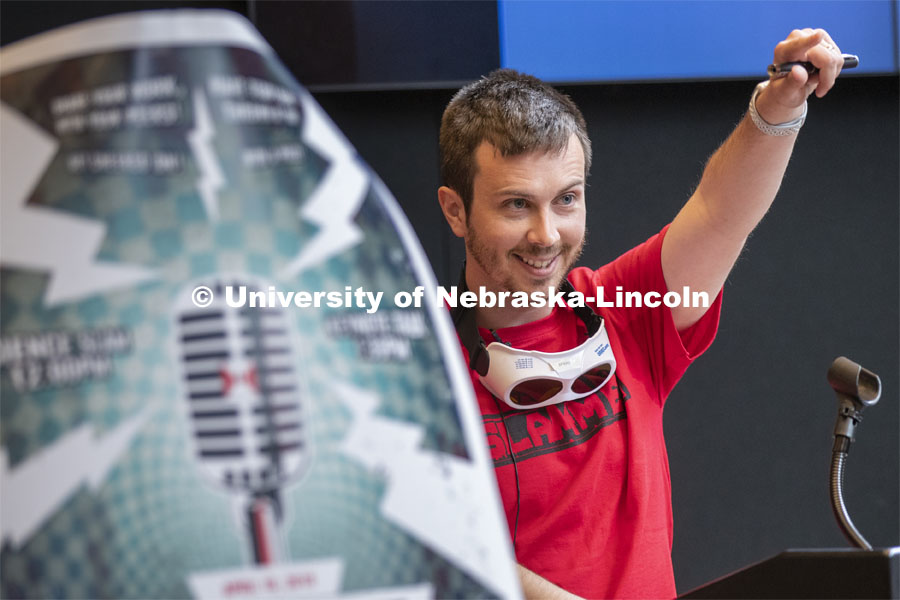 Dan Haden acknowledges a shout out during his extreme laser presentation. Nebraska's fourth annual Science Slam held at Wick Alumni Center.  April 9 2019. Photo by Craig Chandler / University Communication