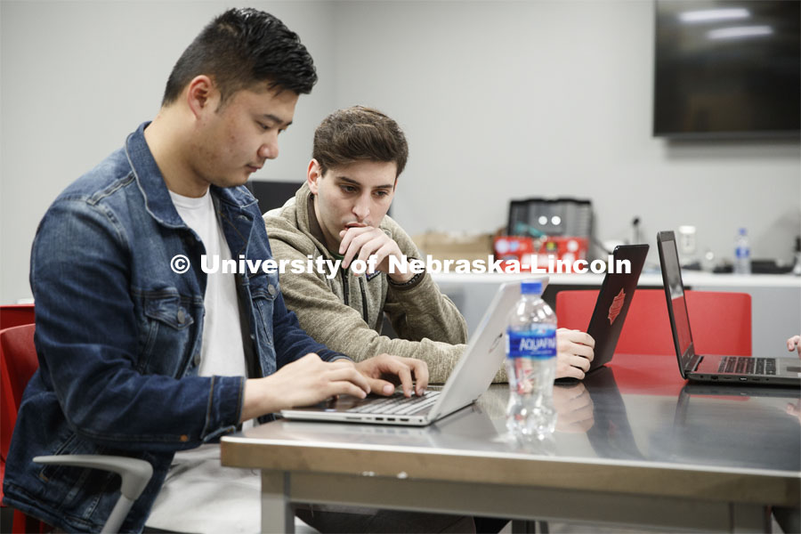 Students work on their Fox Sports U presentations. Taught by Frauke Hachmann. ADPR 491 - Special Topics in Advertising. College of Journalism and Mass Communications classroom photos. April 11 2019. Photo by Craig Chandler / University Communication