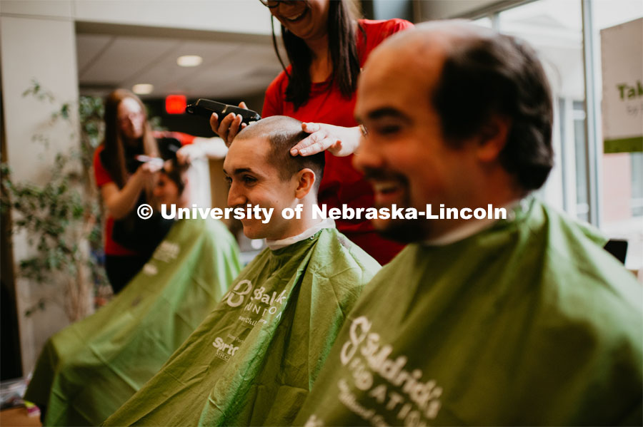 19 individuals volunteered to have their heads shaved for the 2019 St. Baldrick's Foundation fundraiser, a fundraiser for childhood cancer research. The event was held in the Abel-Sandoz Welcome Center. April 11, 2019. Photo by Justin Mohling / University Communication
