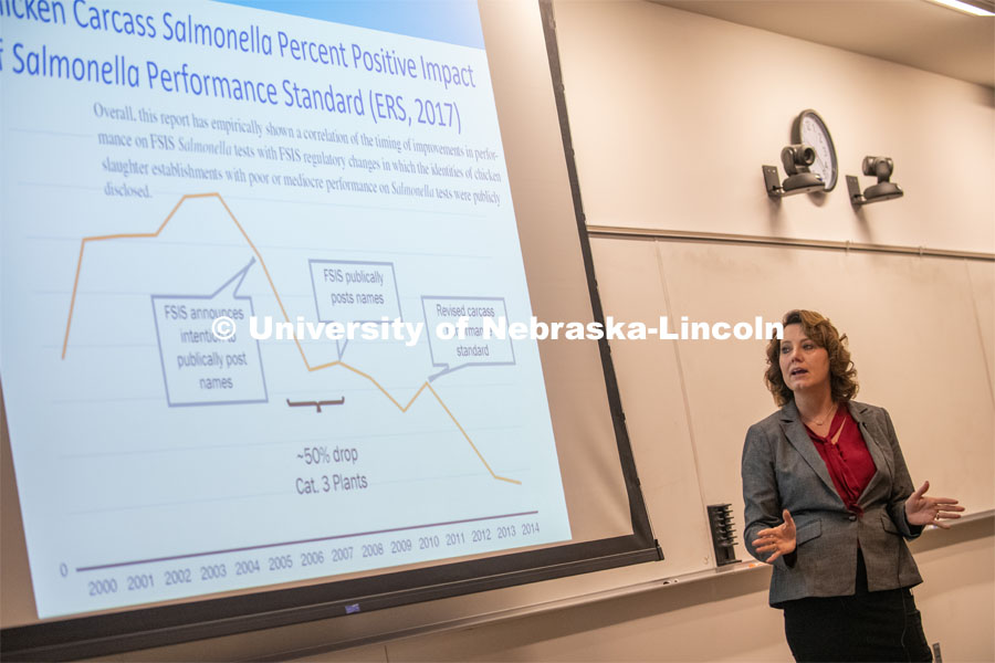 Mindy Brashears, a former Husker and current United States Department of Agriculture official discussed the merger of science with policy to ensure food safety. The talk was held at Nebraska Innovation Campus, April 15, 2019. Photo by Gregory Nathan / University Communication.