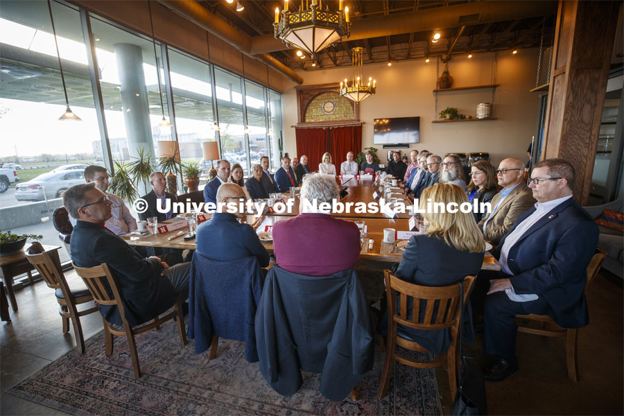Satya Nadella, the CEO of Microsoft Corporation, is featured in a conversation with Jeff Raikes, co-founder of the Raikes Foundation, at the University of Nebraska–Lincoln. He began the day meeting with 20 tech entrepreneurs and UNL leaders at the Mill on Nebraska Innovation Campus. April 18, 2019. Photo by Craig Chandler / University Communication.