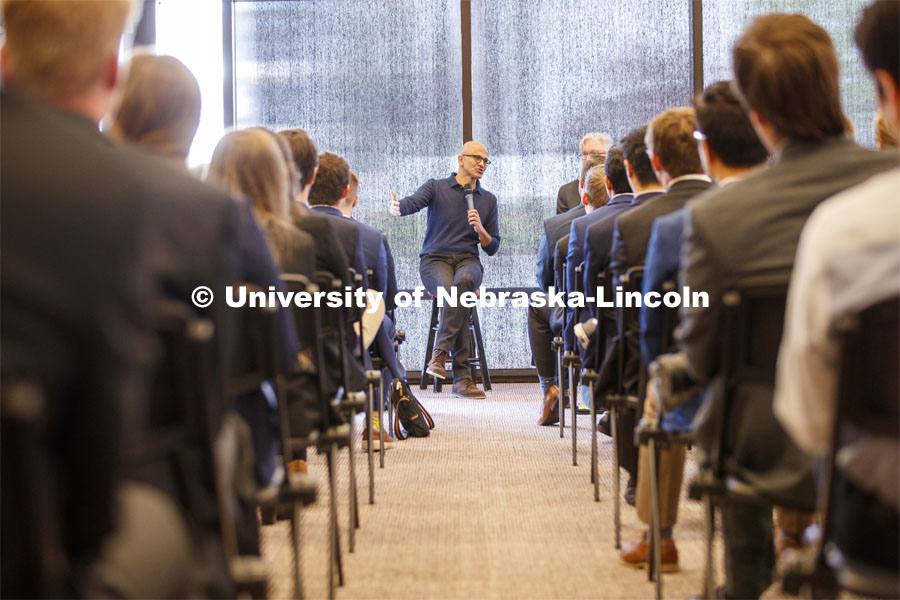 Satya Nadella, the CEO of Microsoft Corporation, and Jeff Raikes, co-founder of the Raikes Foundation, at a question and answer session for Raikes Students following the on-stage conversation. April 18, 2019. Photo by Craig Chandler / University Communication