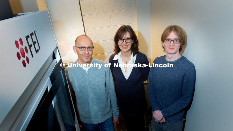 Nebraska engineers (from left) Peter Sutter, Eli Sutter and Shawn Wimer have found advantages to natural imperfections that can emerge when growing nanoscopically thin wires. April 19, 2019. Photo by Greg Nathan / University Communication.