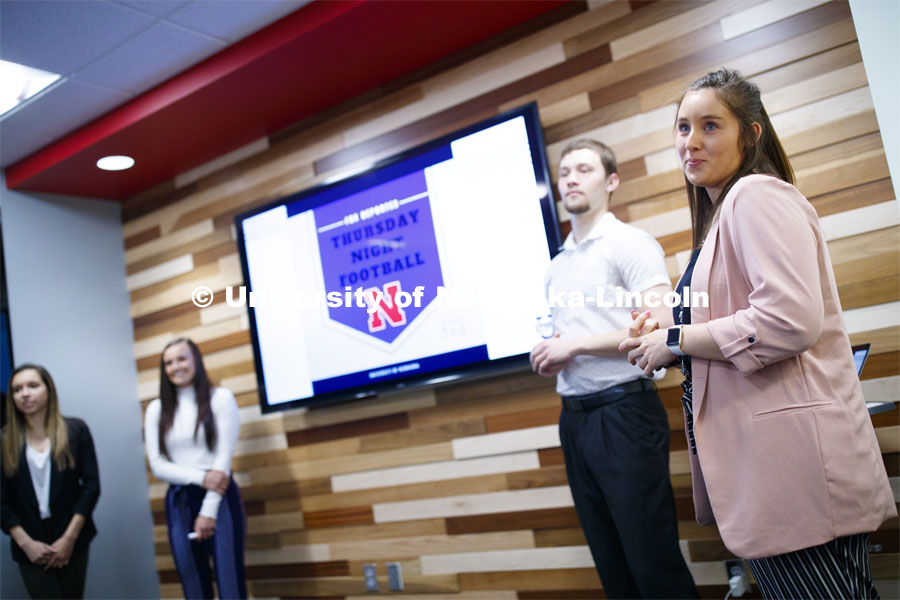 Students in Frauke Hachtmann's ADPR 491 - Special Topics in Advertising course give their FOX Sports University presentations for Thursday Night Football on FOX Deportes to a client group from FOX. April 25, 2019. Photo by Craig Chandler / University Communication.