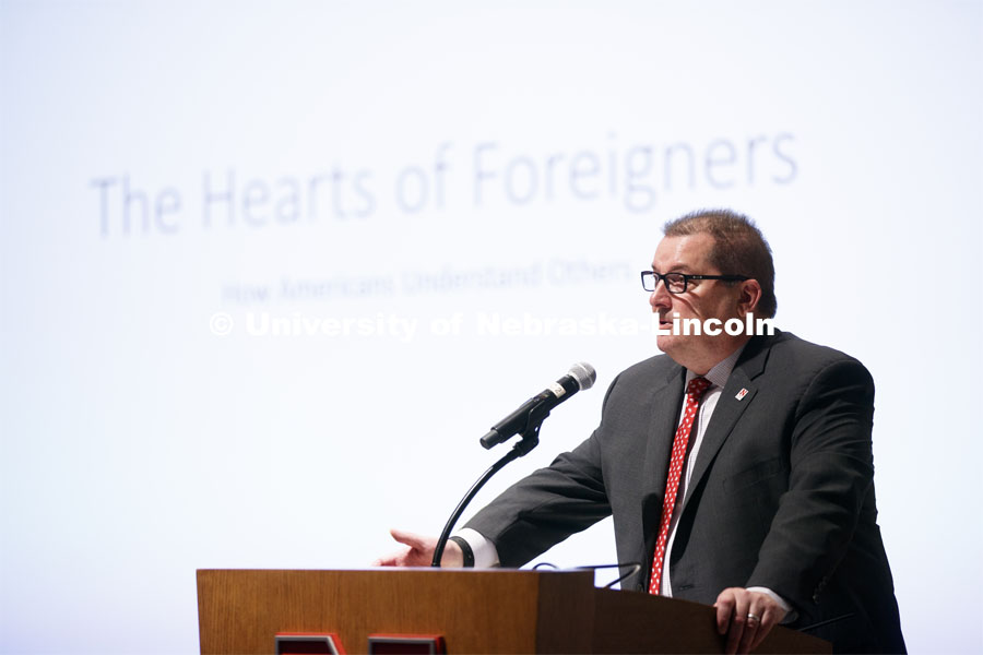 Bob Wilhelm welcomes everyone to the Nebraska Lecture. Tim Borstelmann, E.N. and Katherine Thompson Professor of Modern World History, delivers the April 2019 Nebraska Lecture: The Hearts of Foreigners: How Americans Understand Others. April 25, 2019. Photo by Craig Chandler / University Communication.