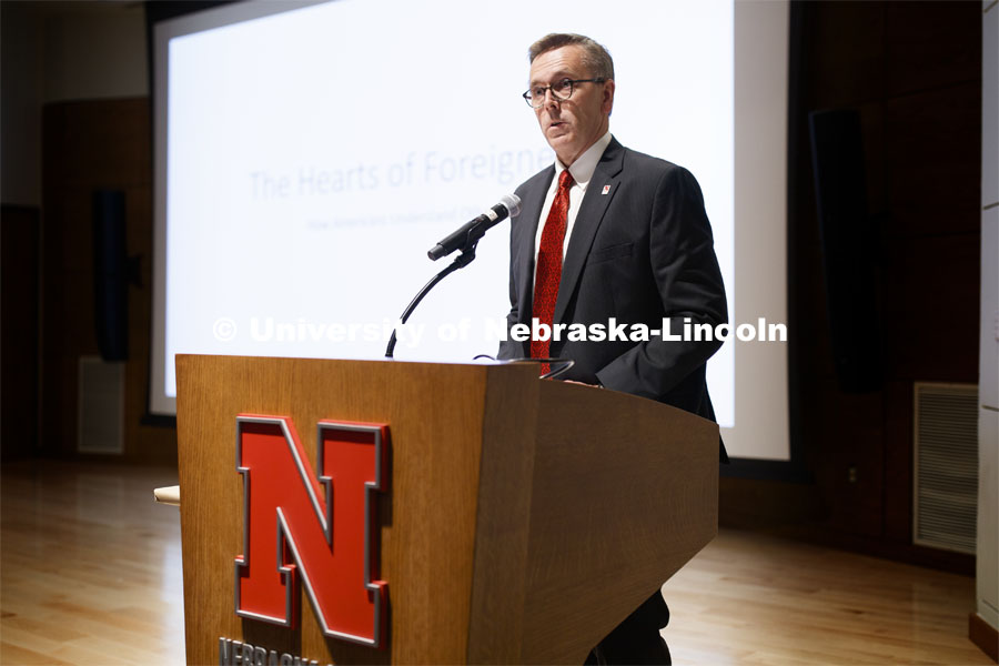 Chancellor Ronnie Green introduced the Nebraska Lecture speaker. Tim Borstelmann, E.N. and Katherine Thompson Professor of Modern World History, delivers the April 2019 Nebraska Lecture: The Hearts of Foreigners: How Americans Understand Others. April 25, 2019. Photo by Craig Chandler / University Communication.