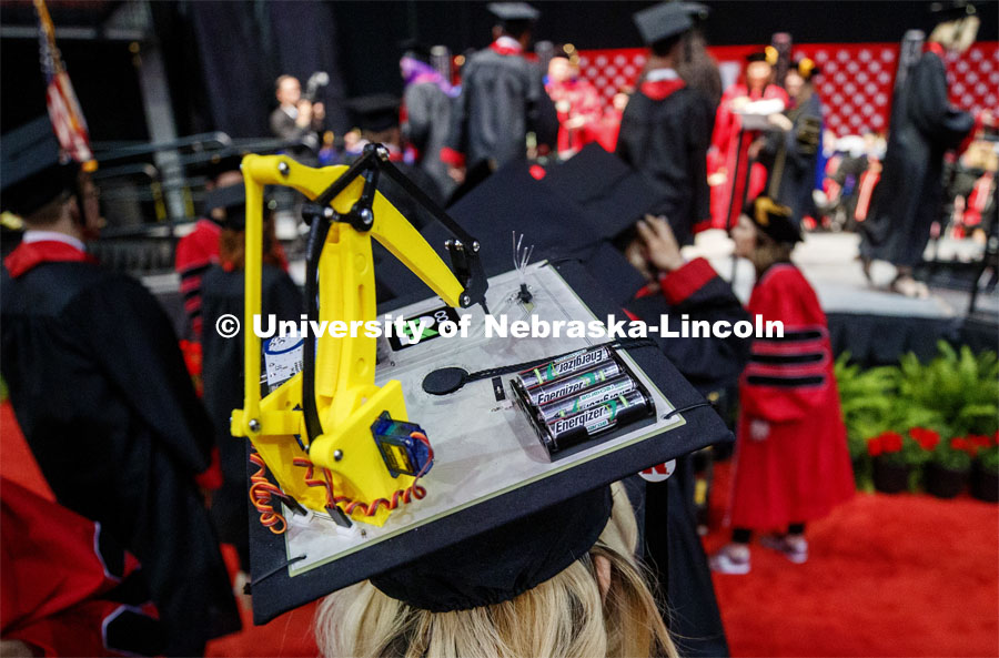 Rosemary Hernandez made a robotic mortar board to celebrate her degree in Mechanized Systems Management. Undergraduate commencement at Pinnacle Bank Arena, May 4, 2019. Photo by Craig Chandler / University Communication.