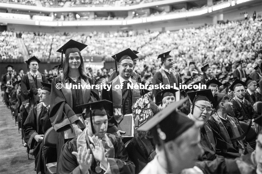 First Generation college graduates stand so they could be recognized at the end of the ceremony. Undergraduate commencement at Pinnacle Bank Arena, May 4, 2019. Photo by Craig Chandler / University Communication.