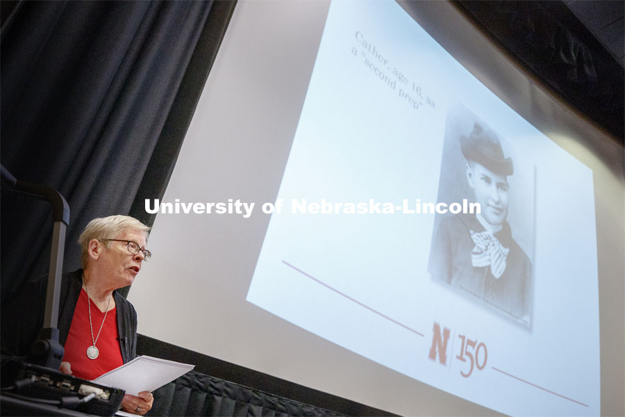 Kari Ronning explores the student experience through the novelist’s lens during the fifth talk in the 2019 Nebraska Lectures: Chancellor’s Distinguished Speaker Series. Kari Ronning presented “Willa Cather on Campus.” Ronning is a Research Associate Professor of English and the Editor of the Willa Cather Scholarly Edition. May 7, 2019. Photo by Craig Chandler / University Communication.
