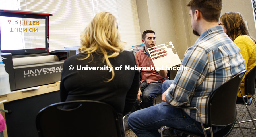 Max Wheeler, NIS instructional designer, leads a training for Library Innovation Studios. Training was held in the Atrium building in downtown Lincoln, Nebraska. May 22, 2019. Photo by Craig Chandler / University Communication.