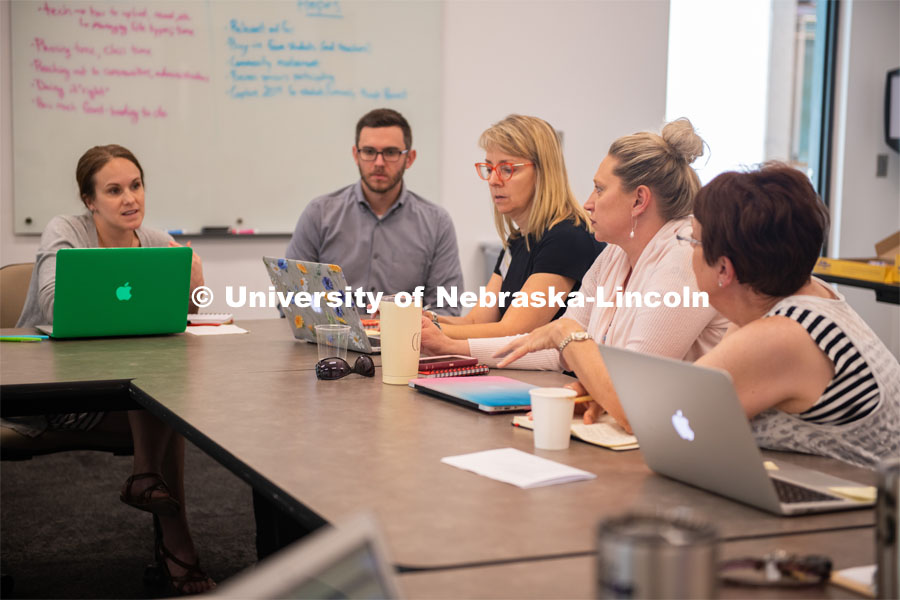 (L to R) Brenda Wandzilak, Grant Scribner (UNL grad student), Peggy Dynek, Julie Tegeler, Kathy Thagard brainstorm about ways to incorporate History Harvest into the classroom. June 5, 2019. Photo by Gregory Nathan / University Communication.