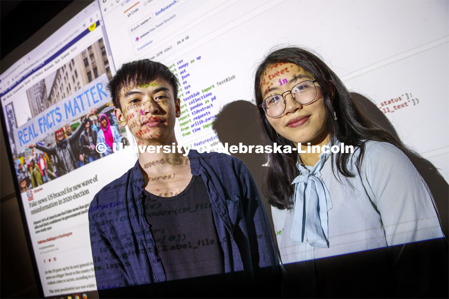 Eric Le and Vy Doan, students in the department of Computer Science and Engineering, are developing an algorithm that can automatically detect false and misleading information on social media. June 7, 2019.  Photo by Craig Chandler / University Communication.