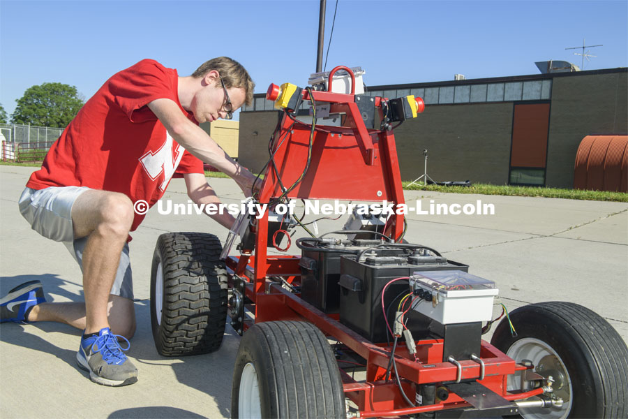 Ryan Humphrey is an engineering grad student who works with Santosh Pitla researching driverless robotic vehicles. June 10, 2019. Photo by Gregory Nathan / University Communication.