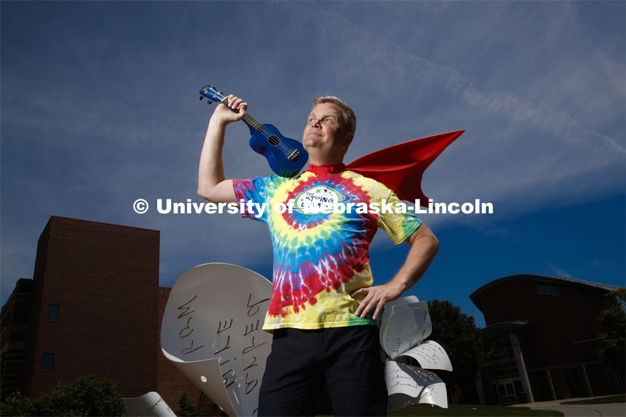 Nebraska's Curtis Bright is the lead singer and driving force behind the music for The String Beans, a Lincoln-area children's band. He's also expanded the hobby by writing four musicals. June 13, 2019. Photo by Craig Chandler / University Communication.