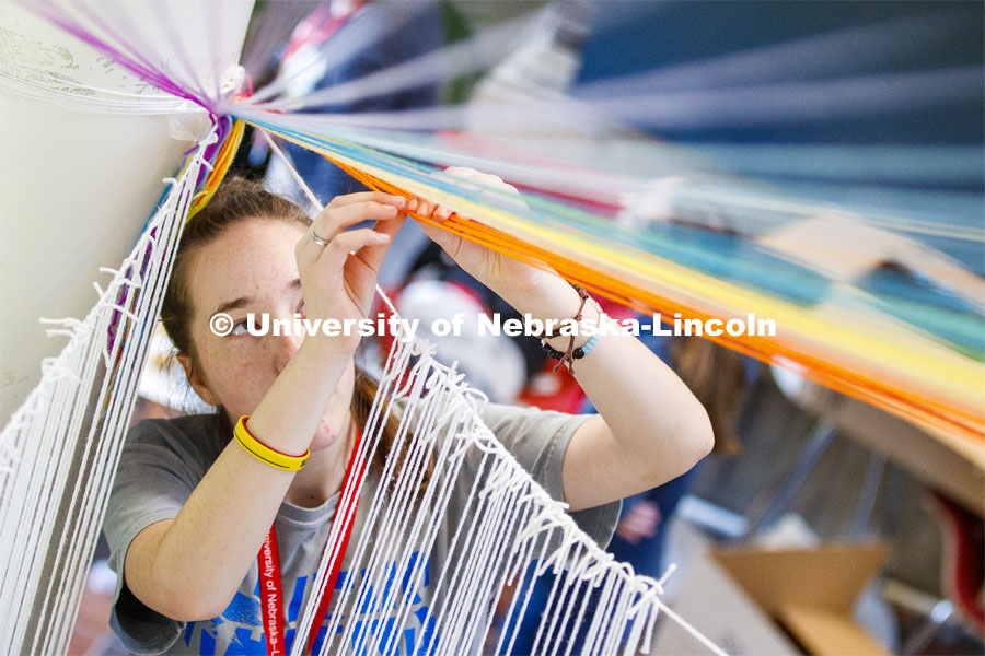 College of Architecture High School Workshop students use string to design in the atrium of the college. June 20, 2019. Photo by Craig Chandler / University Communication.