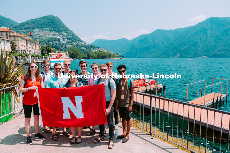 Husker group in front of Lake Lugano, Switzerland. Dr. Peter Ecklund tours with the Midwest American Honor Choir through Italy and Germany during the summer of 2019. June 29, 2019. Photo by Justin Mohling / University Communication.