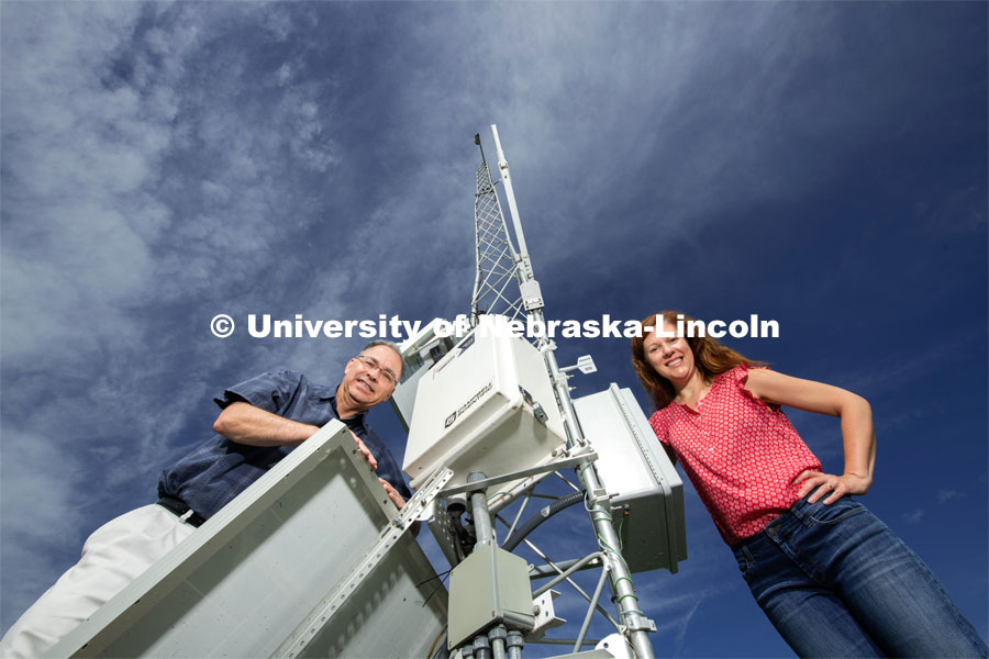 Michael Hayes, drought specialist, climatologist and professor in the School of Natural Resources, and Martha Shulski, Nebraska State Climatologist, director of the Nebraska State Climate Office and associate professor for the School of Natural Resourcesat the University of Nebraska– Lincoln. Nebraska climate research. Photo for the 2019 publication of the Strategic Discussions for Nebraska magazine. July 1, 2019, Photo by Gregory Nathan / University Communication.