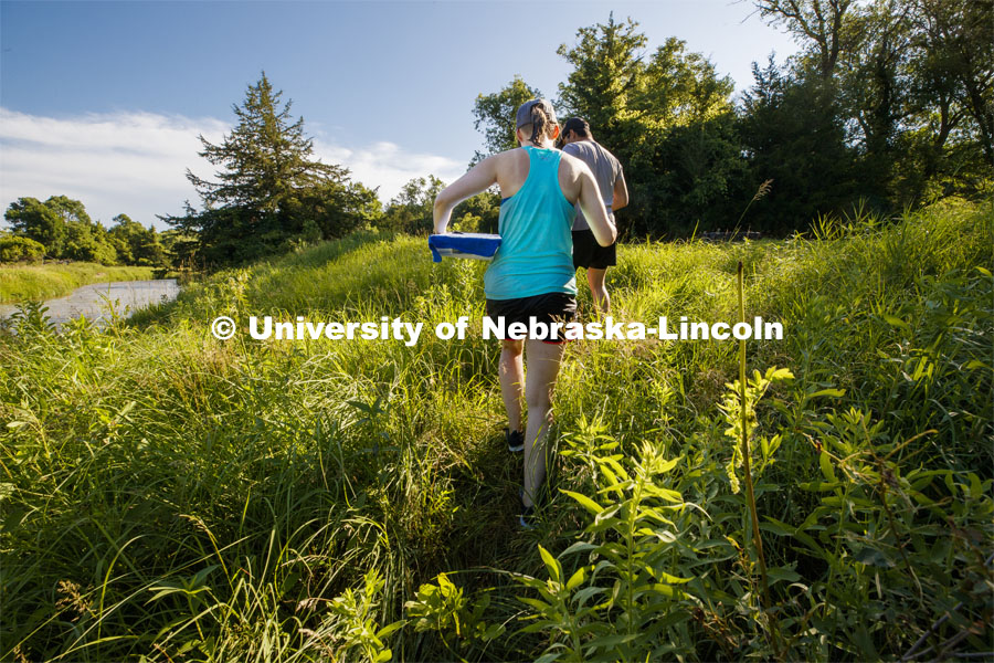 Kayla Vondracek, junior in Environmental Studies, heads back to the river to collect algae-covered cobble. Niobrara River. Jessica Corman, assistant professor in the School of Natural Resources, UCARE research group researching algae in the Niobrara River. Fort Niobrara National Wildlife Refuge. July 12, 2019. Photo by Craig Chandler / University Communication.