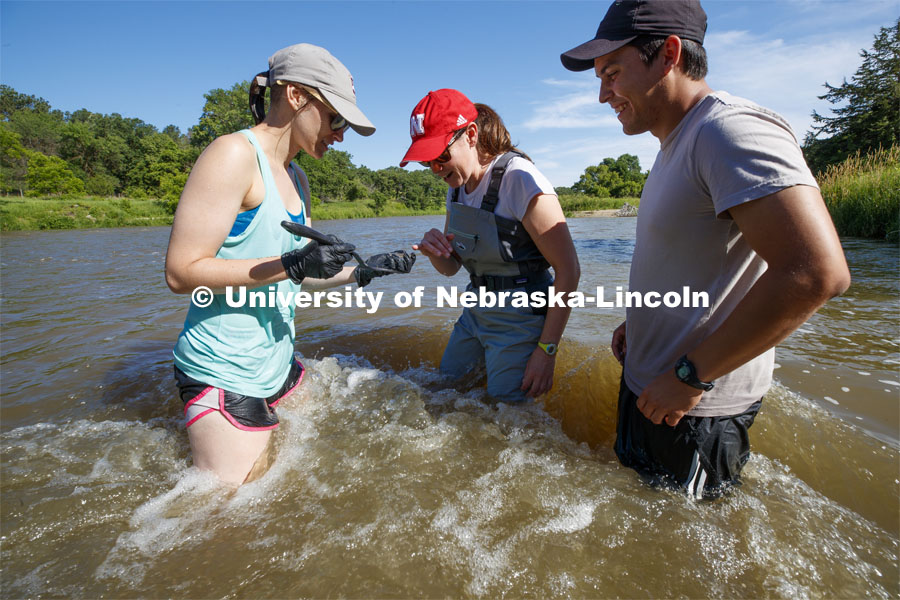Kayla Vondracek, Jessica Corman and Matthew Chen look over a sand sample in the Niobrara River. Jessica Corman, assistant professor in the School of Natural Resources, UCARE research group researching algae in the Niobrara River. Fort Niobrara National Wildlife Refuge. July 12, 2019. Photo by Craig Chandler / University Communication.