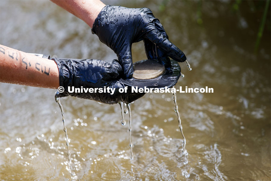 Water runs off a sand sample as Kayla Vondracek brings it to the surface. Jessica Corman, assistant professor in the School of Natural Resources, UCARE research group researching algae in the Niobrara River. Fort Niobrara National Wildlife Refuge. July 13, 2019. Photo by Craig Chandler / University Communication.