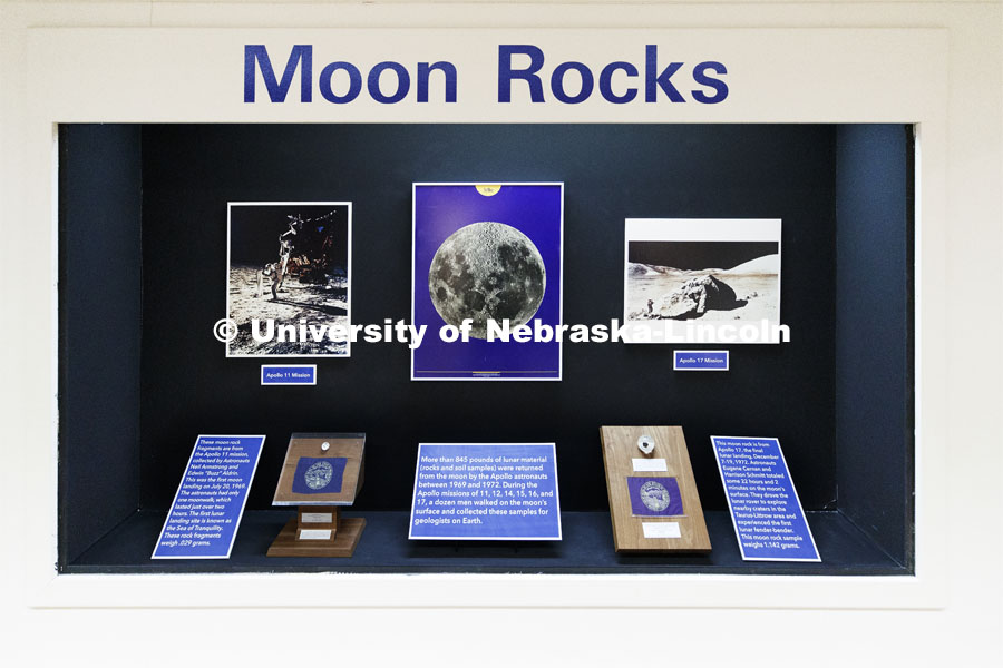 The moon rocks are displayed at the west side of the first floor of the University of Nebraska State Museum. Moon rocks at University of Nebraska State Museum. July 16, 2019. Photo by Craig Chandler / University Communication.