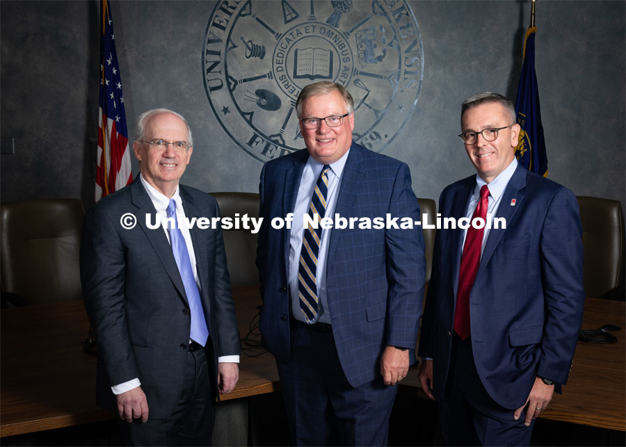 Chancellors Jeffrey Gold - University of Nebraska at Omaha, Doug Kristensen - University of Nebraska at Kearney, and Ronnie Green - University of Nebraska at Lincoln. August 7, 2019. Photo by Greg Nathan / University Communication.