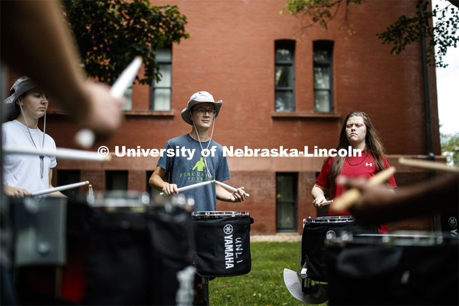 Cornhusker Marching Band percussion practice. August 16, 2019. Photo by Craig Chandler / University Communication.