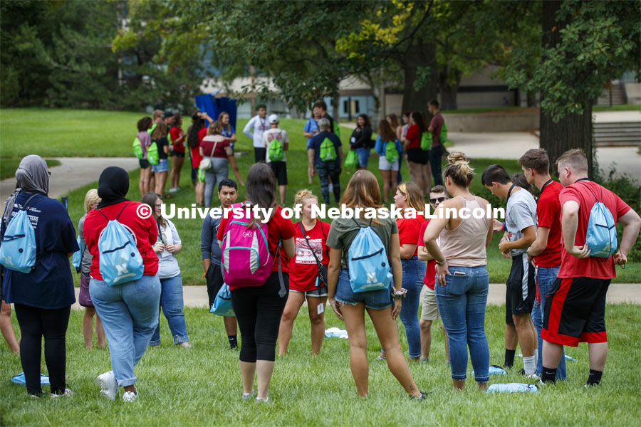 Students participate in ice-breaker games at the First Husker Welcome. August 18, 2019. Photo by Craig Chandler / University Communication.
