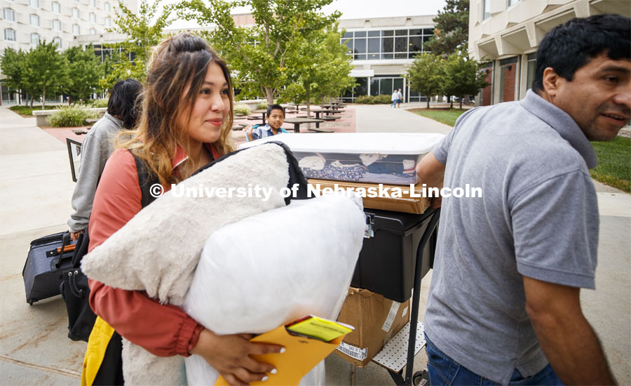 Melissa Morales from North Carolina moves into Harper Hall Sunday morning before her week of Sorority Recruitment Rush. Residence Hall Move-in. August 18, 2019. Photo by Craig Chandler / University Communication.