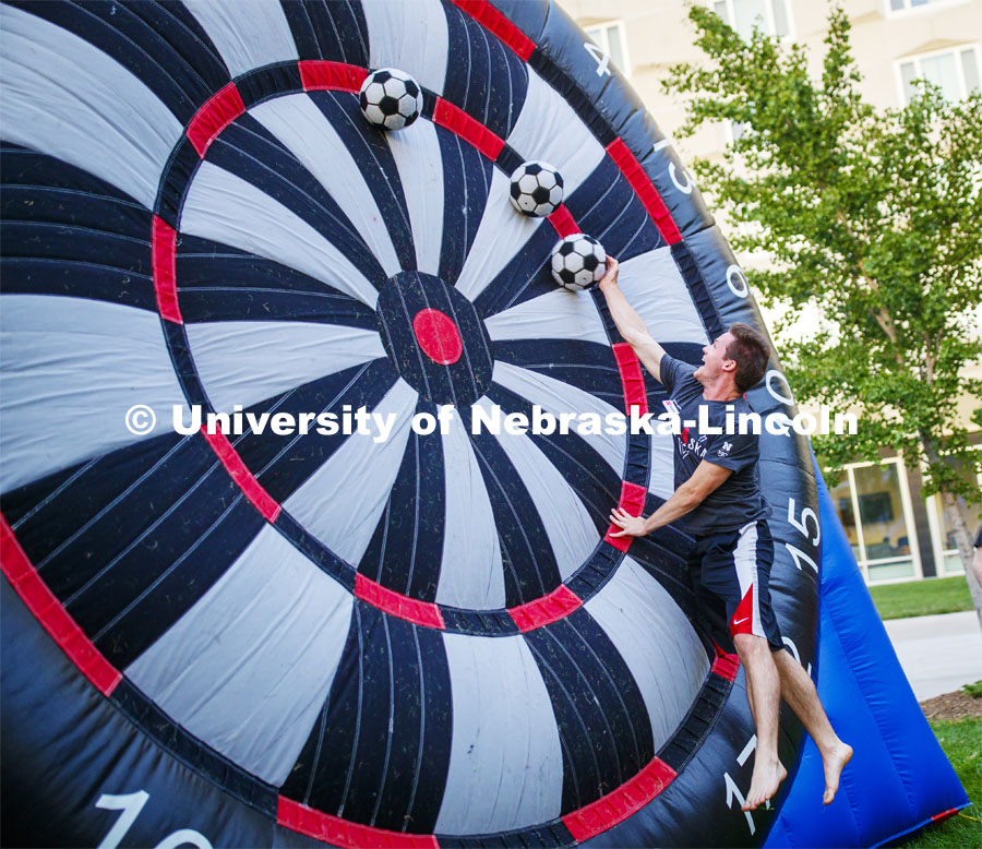 The Harper Schramm Smith courtyard was filled with inflatables, students dancing and carnival foods to celebrate the school year. Big Red Welcome. August 22, 2019. Photo by Craig Chandler / University Communication.