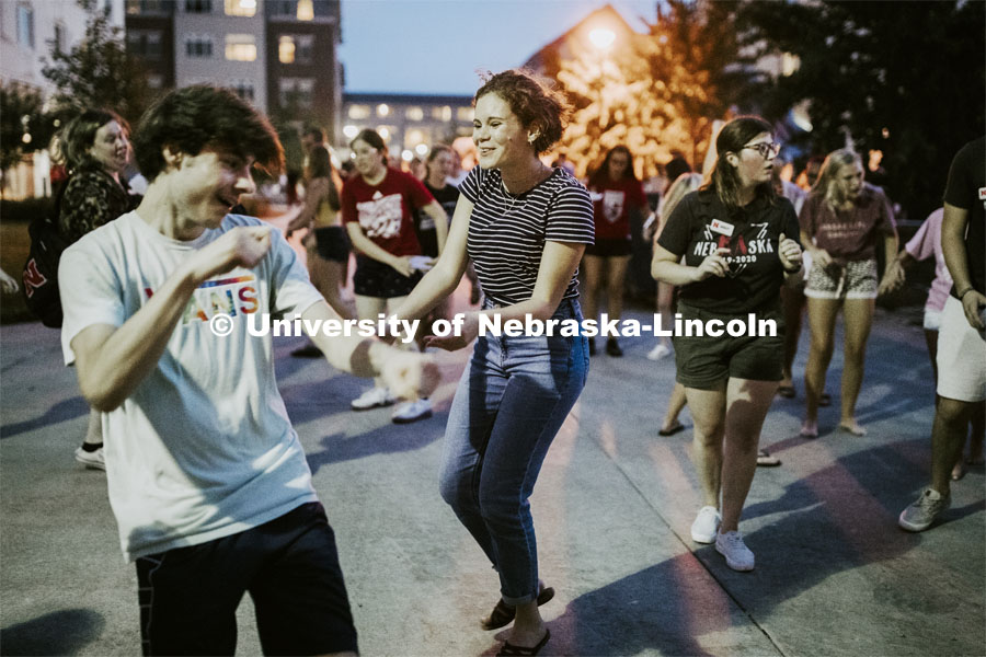 The Harper Schramm Smith courtyard was filled with inflatables, students dancing and carnival foods to celebrate the school year. Big Red Welcome. August 22, 2019. Photo by Craig Chandler / University Communication.