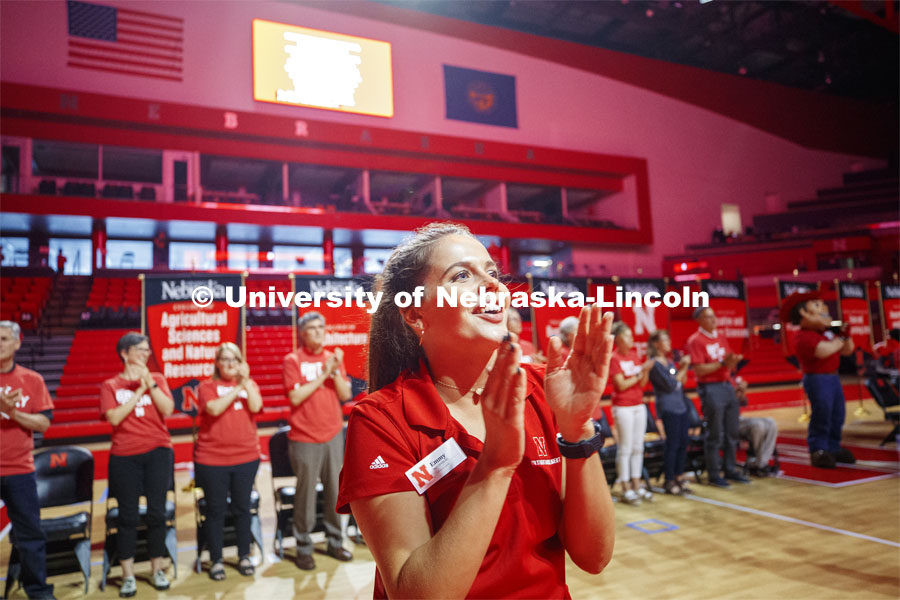 Emmy Witzenburg helps fire up the crowd at New student convocation in the Bob Devaney Sports Center. August 23, 2019. Photo by Craig Chandler / University Communication.