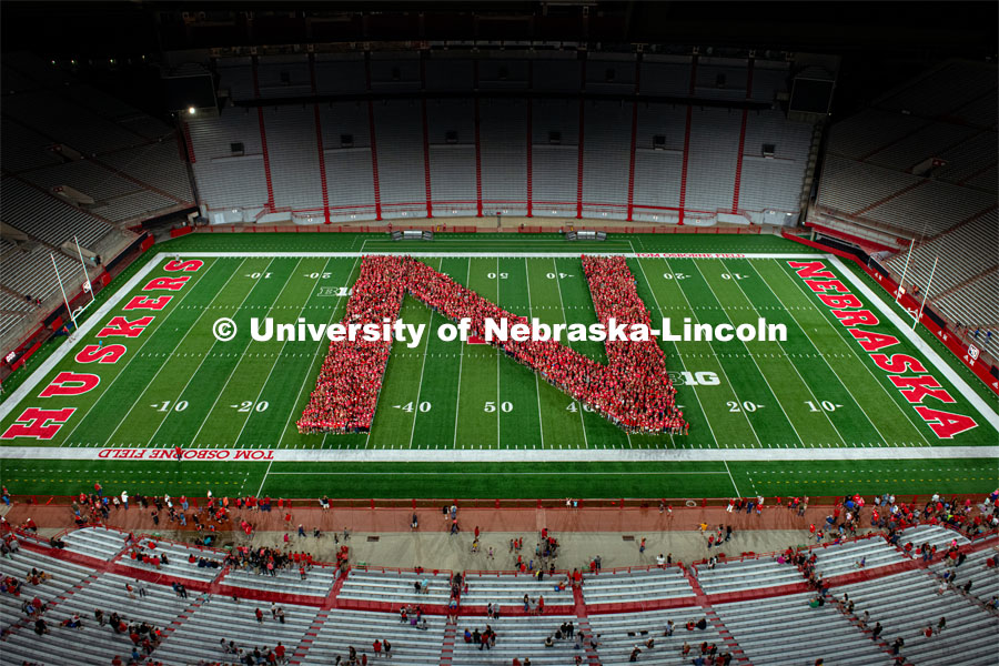Part of the Big Red Welcome is the formation of an N on the field in Memorial Stadium made up of the class of 2023 freshmen students. August 23, 2019. Photo by Justin Mohling / University Communication.