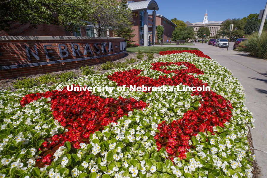 Flowers outside the Visitors Center on City Campus spell out the N150 logo. August 28, 2019. Photo by Craig Chandler / University Communication.