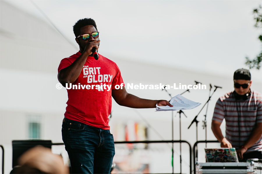 D-Wayne introduces pep rally people at the Nebraska State Fair.  The University of Nebraska represents and celebrates their 150th year anniversary at the Nebraska State Fair in Grand Island, Nebraska. August 1, 2019. Photo by Justin Mohling for University Communication.