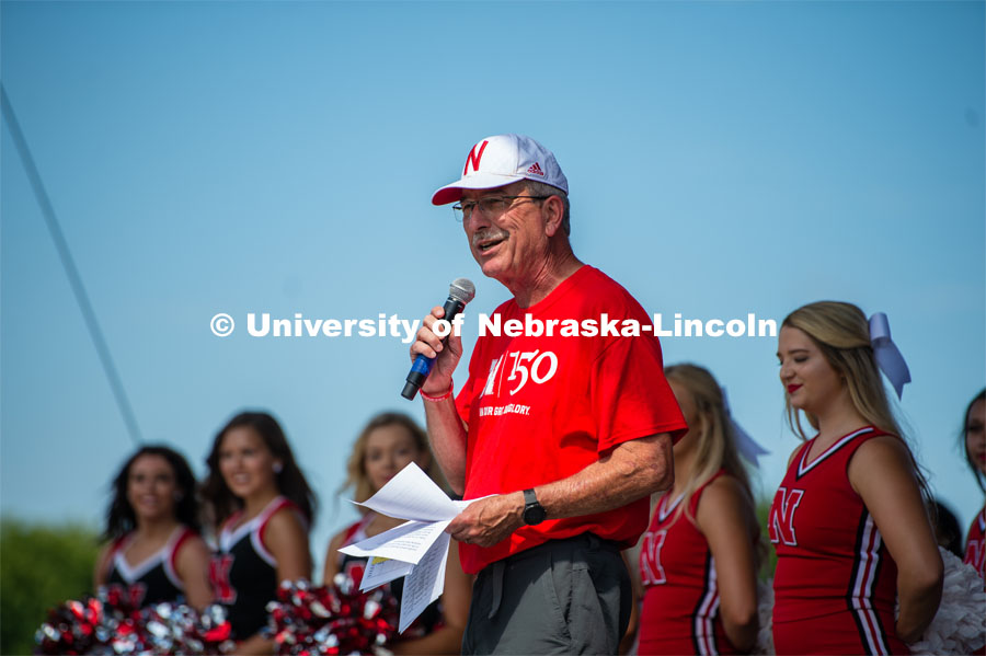 Charles Hibberd, Dean for Cooperative Extension Division, addresses the crowd about the land grant contributors. The University of Nebraska represents and celebrates their 150th year anniversary at the Nebraska State Fair in Grand Island, Nebraska. August 1, 2019. Photo by Justin Mohling for University Communication.