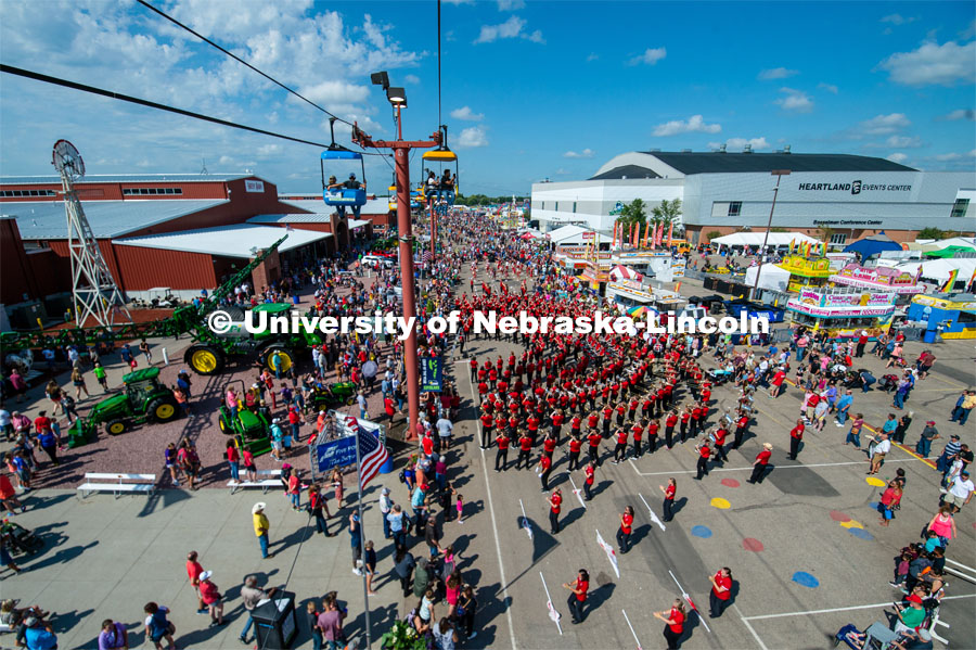 View of the Cornhusker Marching Band from the sky view chairlift ride. The University of Nebraska represents and celebrates their 150th year anniversary at the Nebraska State Fair in Grand Island, Nebraska. August 1, 2019. Photo by Justin Mohling for University Communication.
